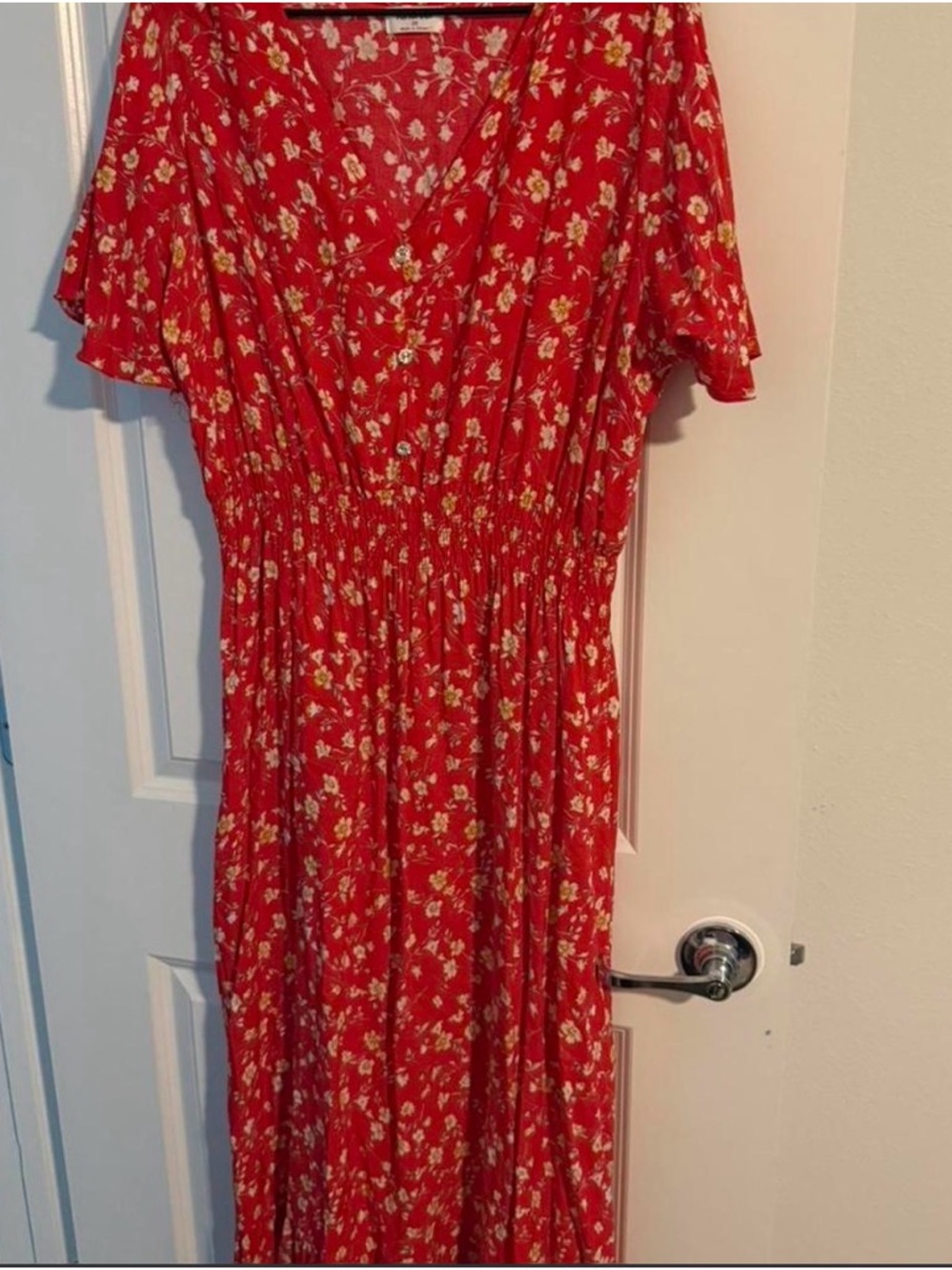 Red Floral Midi Dress with V-Neck
